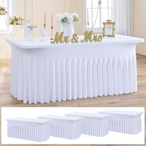 Image of NSSONBEN 4 Pack White Spandex Tablecloth 6ft, Wrinkle Free High Stretch Fitted Tablecloths for 6 Foot Rectangle Tables, Elastic Spandex Table Covers 6ft with Pleats Skirt for Party Wedding Banquet