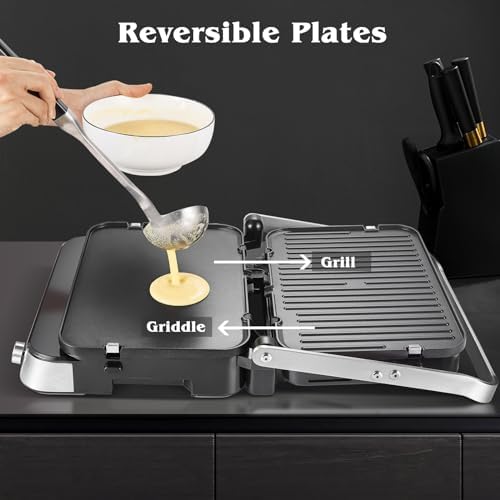 Bild 4 - AMZCHEF Multifunktionaler 4 in 1 Kontaktgrill, Griddle, Waffeleisen & SandwichMaker mit 4 antihaftbeschichteten abnehmbaren Platten, individuelle Zeit und Temperatur,LED-Anzeige,Gesundheitsgrill 2000W