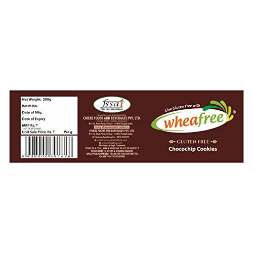 Image of Wheafree Gluten Free Chocochip Cookies 200g | Tasty Crunchy and Chocolate Flavoured Cookies with Chocochips | Best Tea Time Snacks | Nutritious |