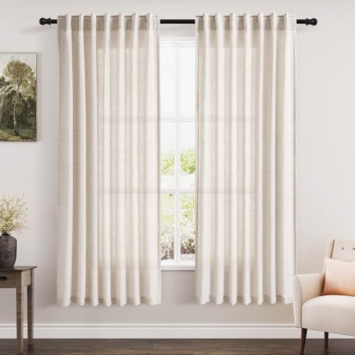 Image of Nanspring Beige Semi Sheer Linen Curtains 72 inch Length for Living Room Back Tab Rod Pocket Modern Farmhouse Coastal Decor Beige Cotton Textured Gauze Curtains for Dining Room Office 52x72
