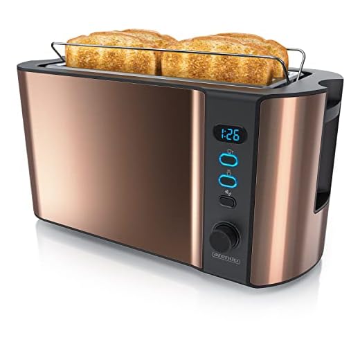 Arendo - Tostadora 4 rebanadas con Ranuras largas - 1500 W - 6 Niveles - Pantalla indicadora - Descongelación y Calentamiento - Soporte panecillos - Bandeja de Migas - Doble Pared - Acero Inoxidable