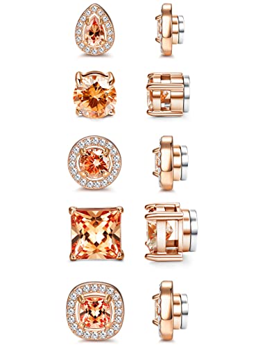 Florideco 5Pairs Stainless Steel Magnetic Earrings for Men Women Non-piercing CZ Hypoallergenic Round Square Teardrop Faux Diamond Halo Magnetic Stud Earrings Set