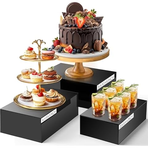 BrightRow 3 Pack Extra Large Acrylic Buffet Risers - 15”, 14”, 13” Black Display Stands with Hollow Bottoms, Cube Riser Boxes Nesting for Dessert Food Catering Buffet Display Party Supplies Cover
