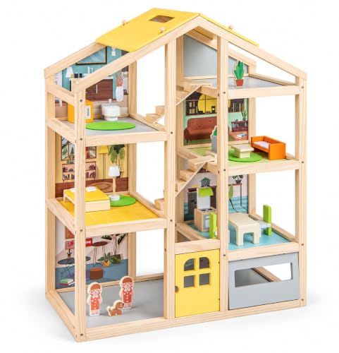 HONEY JOY Doll House, Wooden Dollhouse Playset w/7 Rooms, 21 Accessories & Miniature Furniture, Pretend Play Toys Kit, 2.46 Feet Big Doll House, Christmas Birthday Gift for Girls Boys Age 3+