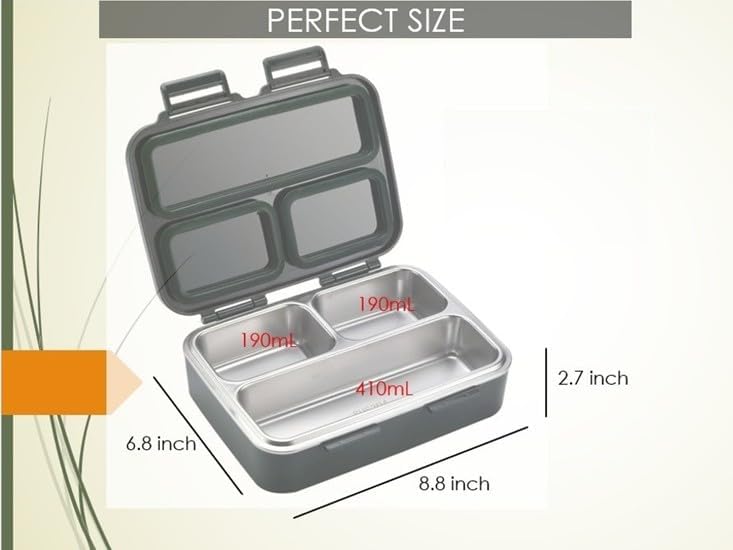 Miniatura 8 de Caja Bento grande de acero inoxidable (8.8 x 6.9 pulgadas), contenedor de almuerzo de 3 compartimentos, a prueba de fugas con bandeja y cuchara de