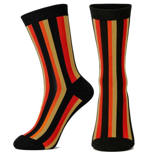 ORPPKIVE Black Red Khaki Vertical Stripe Crew Socks, Casual Novelty Socks