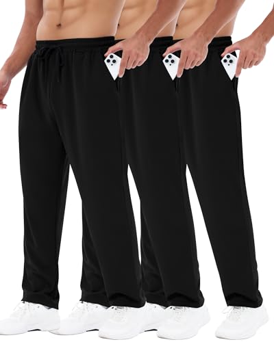 3 Pack Mens Sweatpants with Pockets - Mesh Open Bottom Athletic Joggers for Men Loose Fit Gym Workout Running Casual Pants