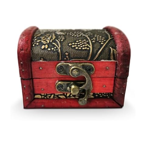 Tesorrio Small Treasure Chest Jewelry Box Wooden - Treasure Chest Box Vintage Jewelry Box Wooden Box with Hinged Lid (3.2x2.4x2.4 IN) Small Jewelry Box Pirate Treasure Chest Gift Box Small Wooden Box Cover
