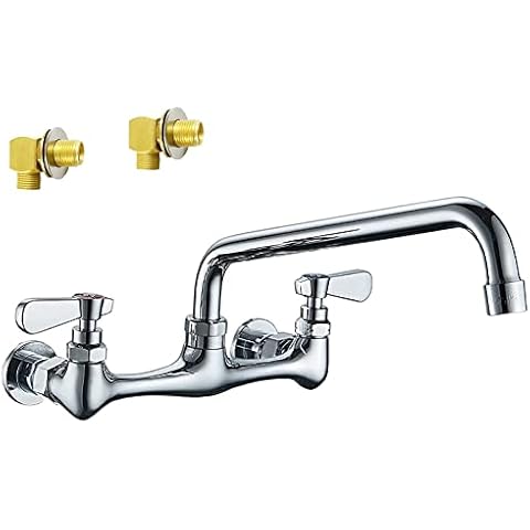 BWE Commercial Kitchen Faucets, Kitchen Sink Faucet, 8 Inch Center with 8" Swivel Spout 2 Handles Backsplash Mounted Sink Faucets Chrome Heavy Duty Brass, Laundry Faucet Restaurant Mixer Tap Cover