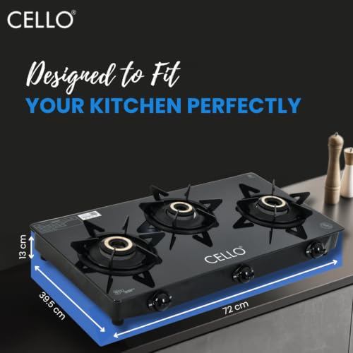 Image of Cello DEZIRE PRO PLUS 3 Burner Gas Stove | Manual Ignition | Direct Flame Brass Burners | 6mm Toughened Glass Top | Hexa Pan Supports | ISI Certified | LPG | 1Yr Warranty
