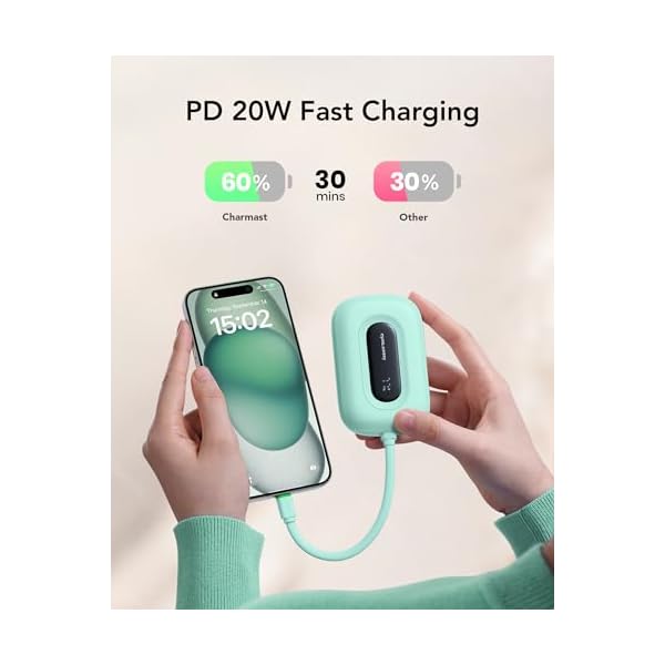 Charmast Small Portable Charger With Built In Cable Removable Compact Power Bank 20w Fast Charging 10000mah Cute Usb C Battery Pack Travel Essentials Compatible With Iphone 15141312 Samsung