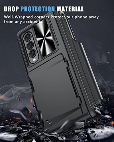 Vihibii For Galaxy Z Fold 3 Case With Card Holder & S Pen Holder, Sliding Camera Lens Protective Cover & Hinge Protaction & Kickstand & Screen Protector, Case For Samsung Galaxy Z Fold 3 2021 (Black) #TOP4