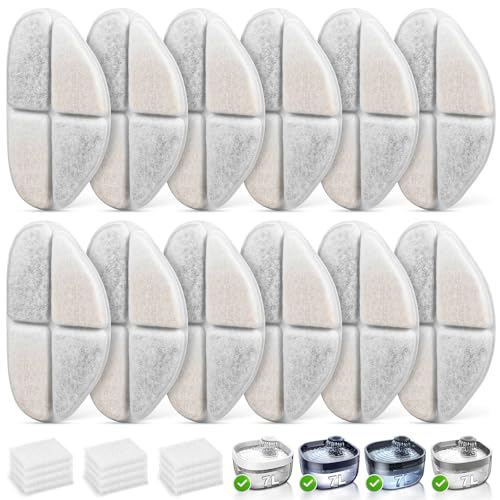 12 Packs Replacement Filters and 12 Packs Pump Sponges for FEELNEEDY 7L/1.8Gal Dog Water Fountain (FN-W05)