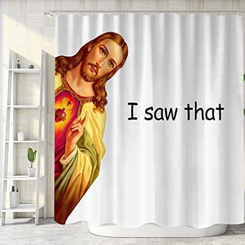 Funny Jesus Shower Curtain Set, Fun I Saw That Jesus Decor Fabric Shower Curtains Sets for Bathroom Cool Unique Funky Hilarious Bath Accessories with Hooks 72 X 72 inch Cover