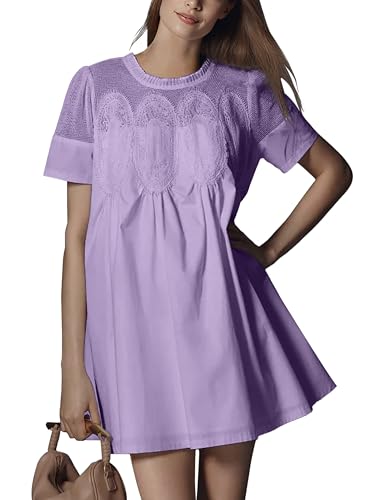 Image of Shiyifa Womens Babydoll Lace Patchwork Dresses Summer Short Sleeve Ruffle Sundress Loose Crew Neck A-Line Dresses