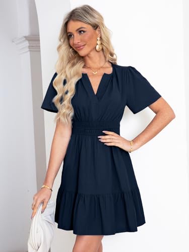 Simplee Women's Summer Beach Wedding Linen Mini Dress Casual Short Sleeve V Neck Empire Waist Flowy Boho Sundress3