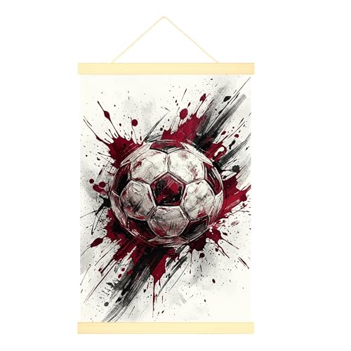 Póster de lona para colgar en la pared, diseño de balón de fútbol, pintura abstracta deportiva, rayas negras, sin rayas rojas, póster colgante con marcos, dormitorio, oficina, aula, decoración de 16 x