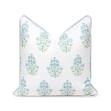 Picture of Hofdeco Premium Coastal Patio Indoor Outdoor Throw Pillow Cover Only, 18"x18" Water Repellent for Backyard, Couch, Baby Blue Green Floral with Piping