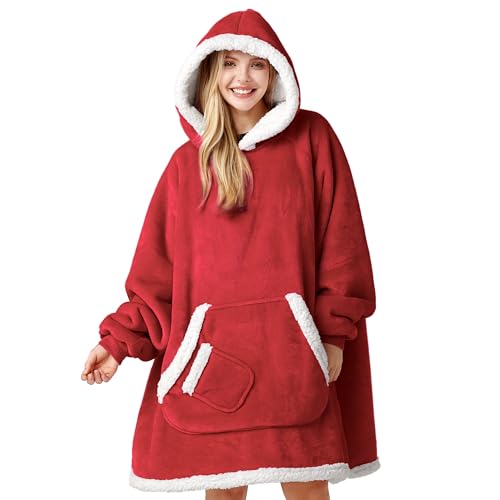 Giggling Getup Wearable Blanket Hoodie for Women Men Gifts for Women Mom Wife Sherpa Fleece Hooded Blanket Sweatshirt Warm Cozy Sherpa Wearable Throw with Giant Pocket & Sleeves for Adult Standard Red