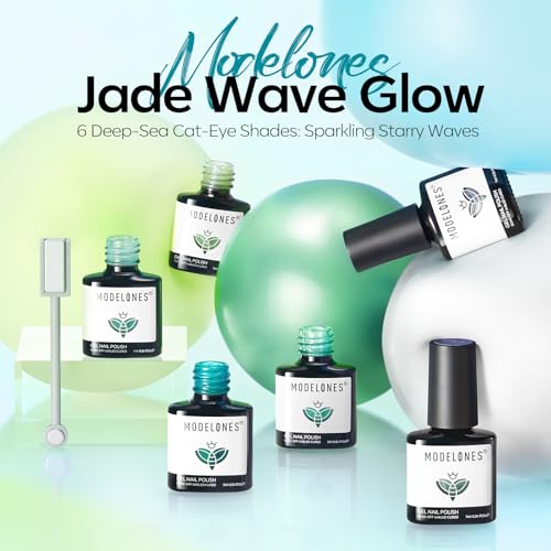Image of modelones Glitter Gel Nail Polish Set, 6 Colors White Green Lake Blue Pearl Shimmer 9D Cat Eye Gel Polish with Magnet Soak Off LED Nail Art Kit Salon DIY Home Gift