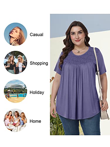 Tencede Women's Plus Size Tunic Tops Short Sleeve Shirts Summer Lace Pleated Blouses Dark Green 4Xl #TOP5