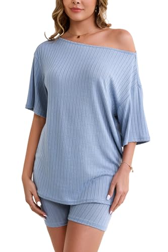 Molirex Womens Pajama Sets Shorts Summer Off Shoulder 3/4 Sleeve Biker Set 2 Piece Sweatsuits Ribbed Knit Matching Outfits Blue L