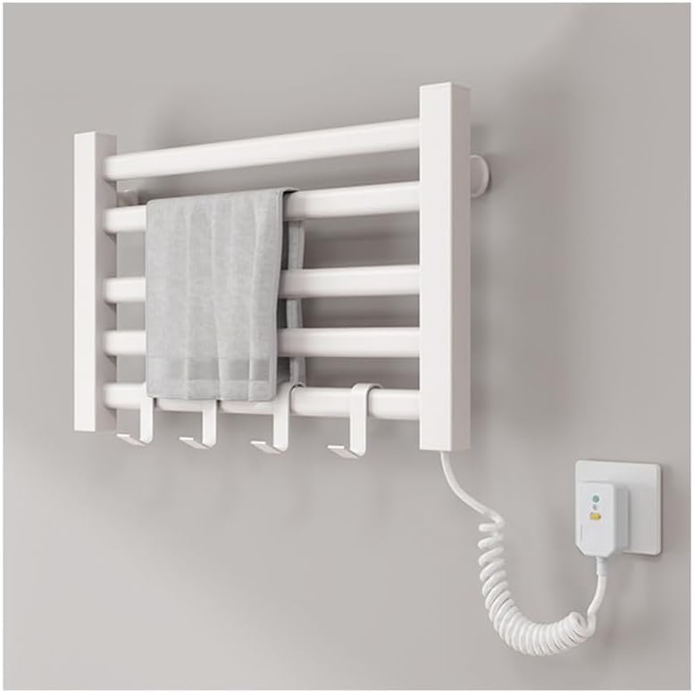 Wall-Mounted Heated Towel Rack - 5 Bar Electric Towel Warmer & Dryer with Hook, Thermostatic Control, Multifunctional Bathroom Essential, Stylish White Design