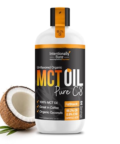 Intentionally Bare Organic Pure C8 MCT Oil – 99.2% - MCT Oil C8 for Energy, Brain, Mood & Focus - Supports Keto, Low Carb, Paleo, Vegan, Intermittent Fasting - Coffee & Salads – Unflavored - 32oz