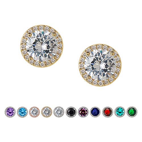 SWEETV Cubic Zirconia Stud Earrings, 10mm Round Cut, Rhinestone Hypoallergenic Earrings for Women & Girls, Gold