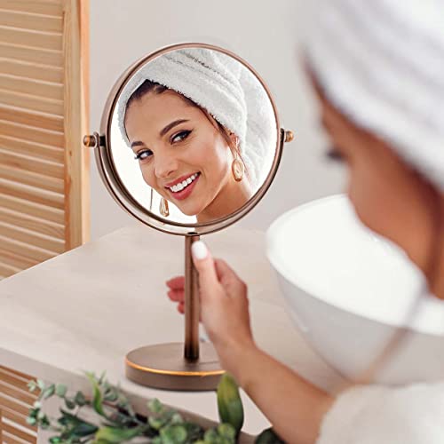 Image of OVENTE 6'' Tabletop Vanity Makeup Mirror, Antique Bronze MNLT60ABZ1X7X | Double Sided Round Magnifying Table Mirror with 1X /7X Magnification, 360 Rotation, Perfect for Dresser Bedroom Office Travel