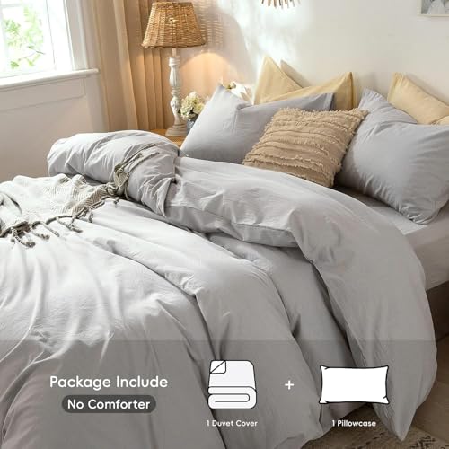 Image of MooMee Duvet Cover Set 100% Washed Cotton Linen Like Twin | Relaxed Linen-like Texture. Soft, Breathable & Long-lasting Comfort. Lightweight. Hidden Zipper with 8 Interior Corner Ties