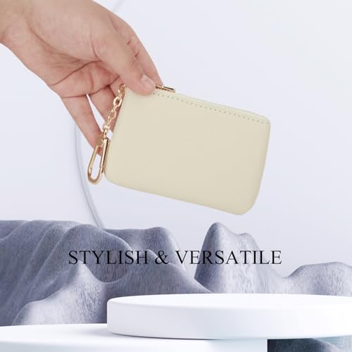Image of Full Grain Leather Coin Purse with Key Chain - Small Change Purse Keychain Card Holder Keychain Pouch Small Keychain Wallet for Women and Men (Creamy-white), LA-2312