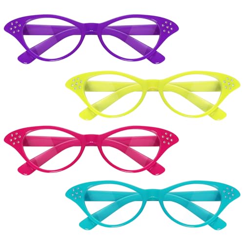 Fumwase Katzenaugen-Brille mit Strasssteinen, 50er-/60er-Jahre-Party, Kostüm, Brille für alte Dame (gelb + rosarot + lila + seeblau)