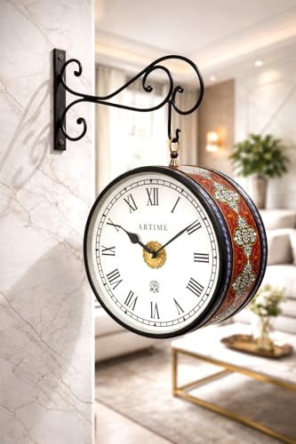 Image of Handcrafted Double Side Metal Analog Vintage Wall Clock | 1.5 Year Machine Warranty | 10 INCHES | 1 Side Number 1 Side Roman,Color (Blue Handprint)