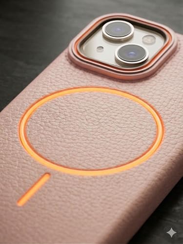 Image of amazon basics Luxury MagSafe Compatible Leather Texture Back Cover for iPhone 13 | Raised Camera Protection | Slim Fit Shockproof Case with Metallic Accents (Pink)