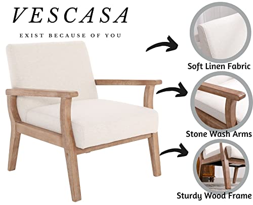Vescasa Linen Accent Arm Chair With White Wash Wood Legs, Comfy Farmhouse Side Chair With 23.2" Wide Upholstered Seat, Mid Century Modern Reading Chair For Living Room/Bedroom, White #TOP1