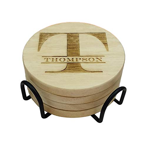 Personalized Coasters Custom Engraved Coasters Wooden Coasters for Drinks Monogram Coasters Great Gifts for relatives friends or Yourself T Set of 4