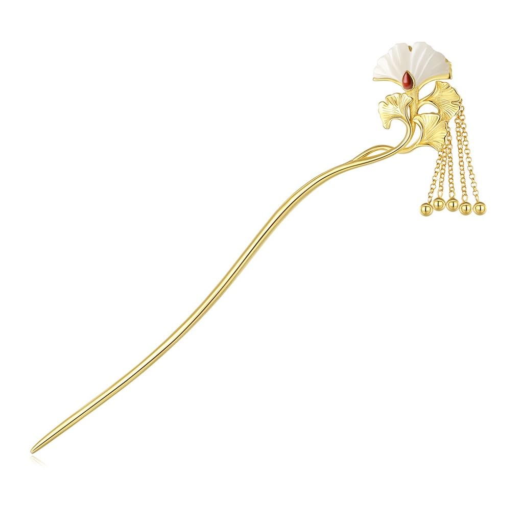 HBJWOV San Sheng Apricot s925 Silver Electric Gold Hotan Jade Tassel Hairpin