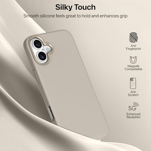 Image of eller sante Silicon Back Cover Case for iPhone 16 Plus Scratch Resistant TPU Shockproof 6ft Feet Drop Protection Support Mag-Safe Wireless Charging- Stone