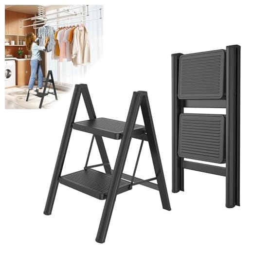 Froadp Trapladder, 2 treden, inklapbaar, antislip, ijzeren vouwladder, multifunctionele ladder, opstapkruk, huishoudladder voor thuis, keuken en buiten, belastbaar tot 250 kg