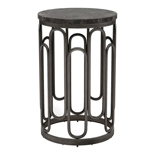 Furniture of America Davis Modern Round Small End Table with Marble Top & Sturdy Metal Legs & Open Shelf for Living Room, Apartment, Small Space, Black