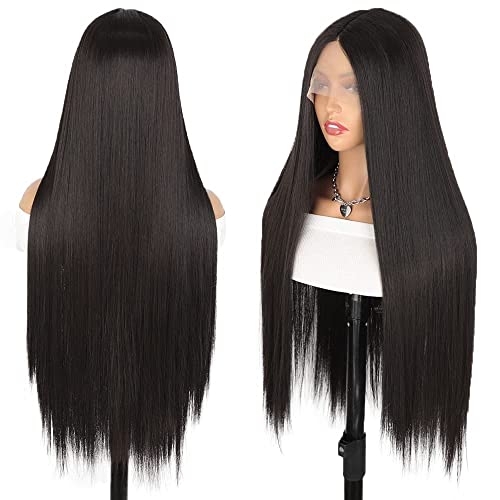 Nnzes Black Straight Lace Front Wig Synthetic Long Black Wigs Middle Part Straight Hair 26 Inch Natural looking Glueless Heat Resistant Fiber Hair for Women (Black)