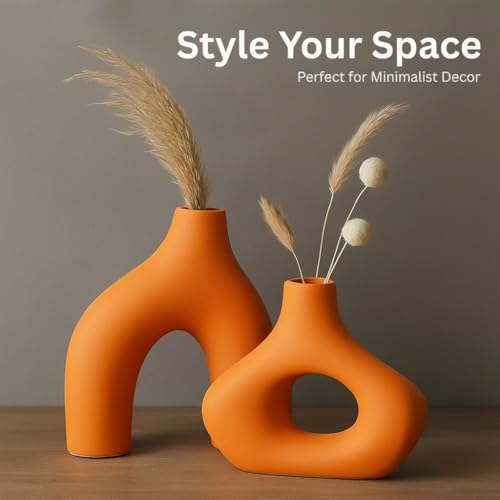 Image of PUREZENTO Abstract Orange Ceramic Donut Vase 5.4 & 7.7 Inch - Set of 2 | Decorative Unique Modern Vase for Dried Flowers & Pampas Grass | Vases for Modern Home Decor, Living Room, Office Decor Ideas