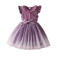 JiAmy Toddler Girls Dress Ruffle Tulle Princess Party Kids Dress Sequin Ribbed Knit Pufffy Birthday Girls' Dresses for 7-8 Years, Purple