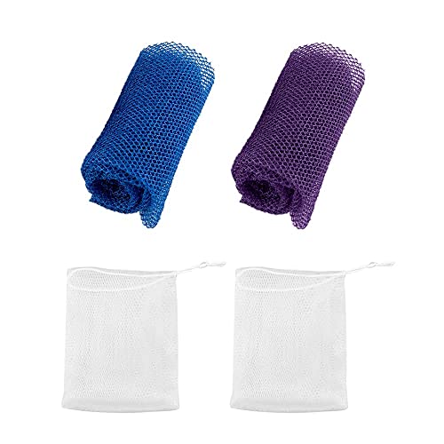 2 reti di spugna da bagno esfolianti africani, 2 reti schiumogene, purificatore corpo, purificatore per la schiena, rimuove lo sporco e l'olio dalla pelle, pelle più liscia (blu, viola)