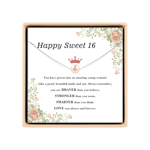 Sweet 16th Birthday Gifts for Girl, Sterling Pink Pearl Necklace for 16 Year Old Girl, 16th Party Decorations Teen Present Trendy 2025, Jewelry Gifts for 16th Birthday Friends Classmates Daughter