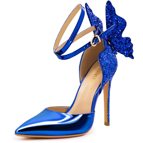 FINDVELL Royal Blue High Heels Butterfly Back Sexy Stiletto Pumps Closed Toe Sparkly Ankle Strap Heels Sandals Dress Shoes for Women Size 9.5