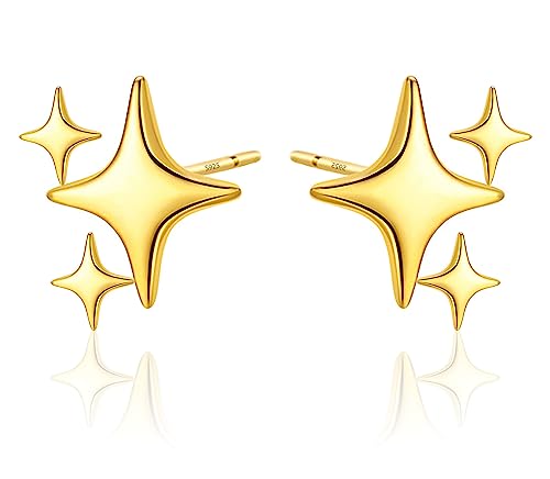 Gold Stud Earrings Sterling Silver Post Earrings Star Stud Earrings for Women Teen Trendy Hypoallergenic Small Post Pierced Studs Earrings Jewelry Gifts (3 Stars Gold)