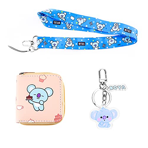 Kpop BTS Bangtan Boys Wallet Cartoon BT/21 Character Purse Pouch ID Credit Card Holder with Lanyard Keychain(KWC-KOYA)