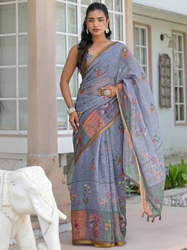 Image of SIRIL Women's Cotton Linen Printed Zari Border Saree with Unstitched Blouse Piece